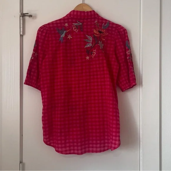 Johnny Was Pink Embroidered Gingham Button Down Blouse - Picture 8 of 11